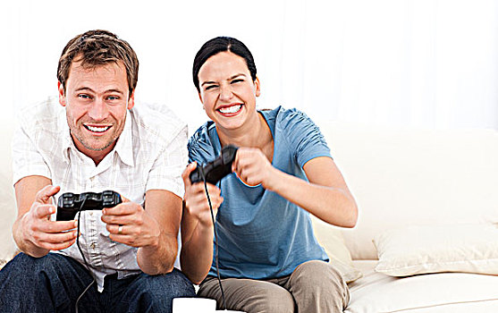 兴奋,女人,玩电玩,男朋友,沙发,在家