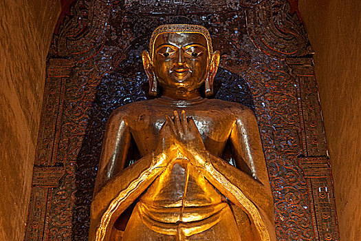 镀金,佛像,阿南达寺,蒲甘,曼德勒省,缅甸,亚洲