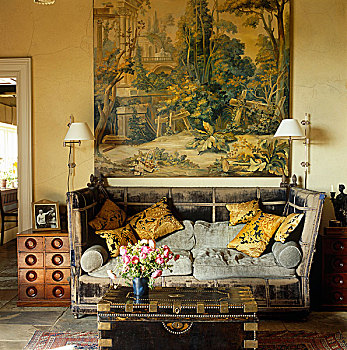 大,19世纪,挂毯,卡通,高处,浩大,老式,沙发,客厅