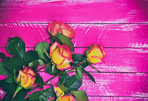 花束,黄色,玫瑰,粉色,木质背景