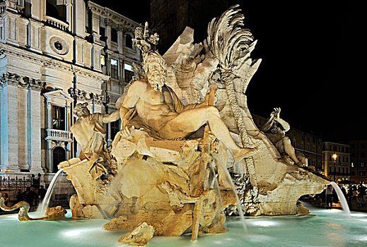 喷泉,四个,河,广场,纳维纳,夜晚,罗马,拉齐奥,意大利,欧洲