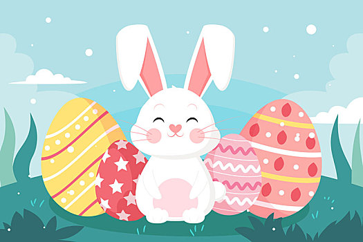 复活节彩蛋春天兔子在森林草地快乐玩耍插画