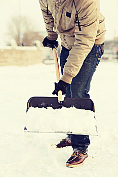 冬天,清洁,概念,特写,男人,铲,雪,私家车道