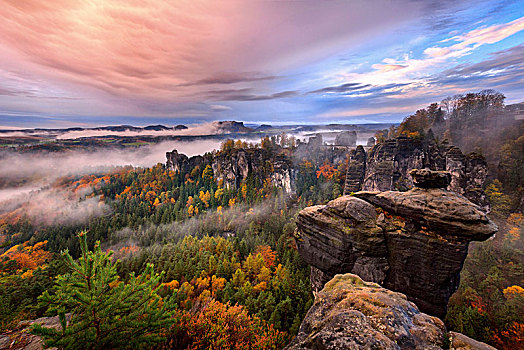 雾状,日出,撒克逊瑞士,德国,风景,瞭望点,旅游胜地,上方,岁月