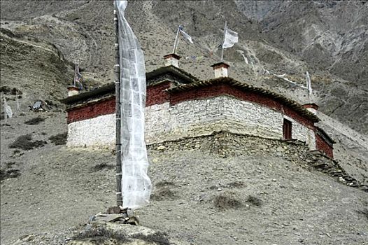 寺院,高,白色,经幡,喇嘛寺,安娜普纳地区,尼泊尔