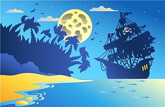 夜晚,海景,海盗船