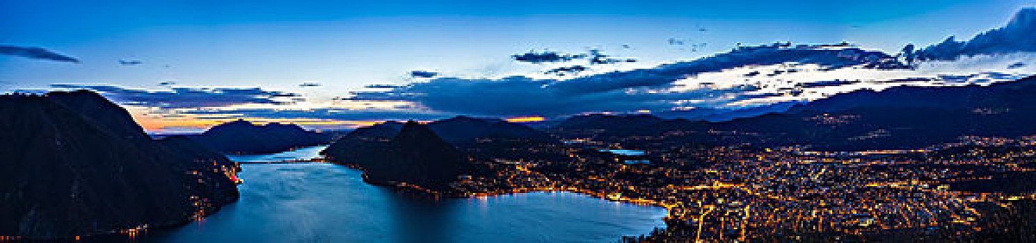 全景,俯拍,湖,卢加诺,黄昏,瑞士
