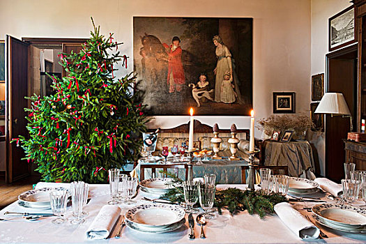 喜庆,桌面布置,圣诞树,传统,餐厅