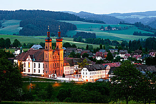 寺院,教堂,本笃会修道院,黃昏,黑森林,巴登符腾堡,德国,欧洲