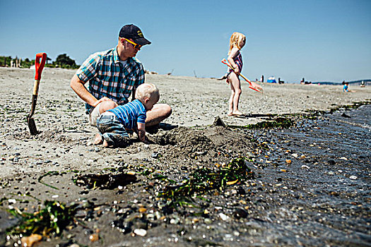父亲,海滩,小孩,玩,铲