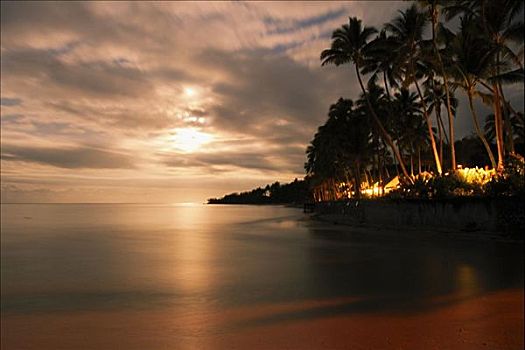 斐济,维提岛,珊瑚海岸,月光,发光,明亮,云,海洋,棕榈树,排列,海岸