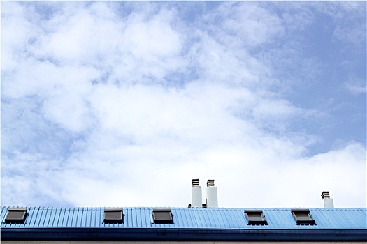 蓝色,钢铁,屋顶,天窗,烟囱,天空