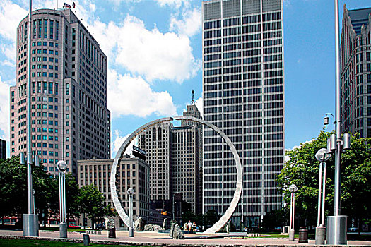 密歇根,工作,纪念建筑,市区,底特律,天际线,背景