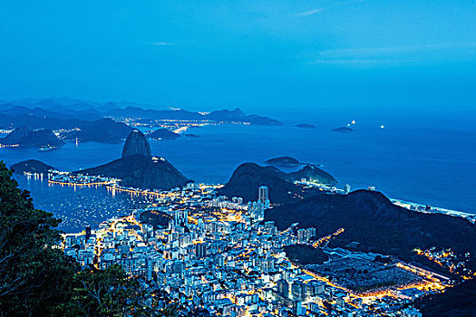 俯拍,面包山,光亮,夜晚,里约热内卢,巴西
