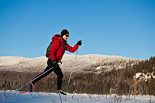 女人,越野,滑雪,山,魁北克,加拿大