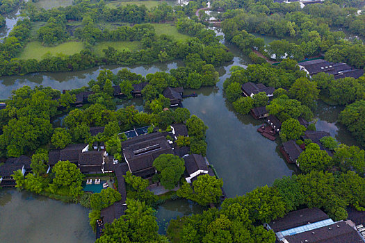杭州西溪湿地公园清晨航拍