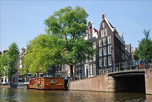 船屋,旁侧,桥,阿姆斯特丹,荷兰,欧洲