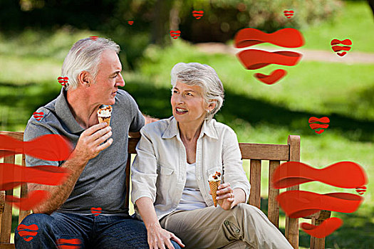 老年,夫妻,吃,冰淇淋,长椅