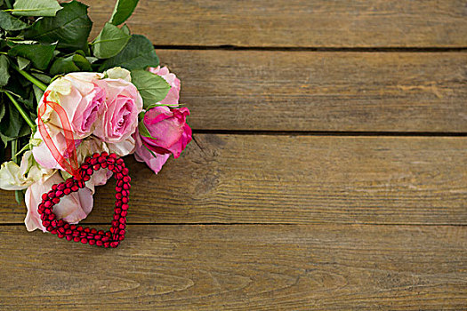 束,粉色,玫瑰,厚木板,特写