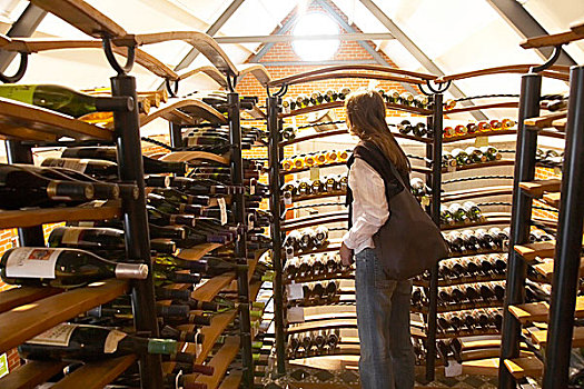女人,手包,存储,葡萄酒瓶,酒架,葡萄酒厂,南非