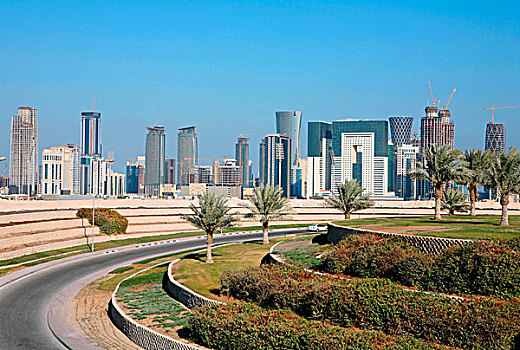 出现,天际线,多哈,首都,卡塔尔,阿拉伯,风景