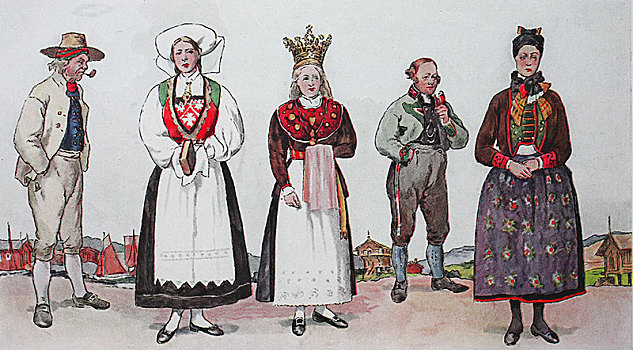 人,传统服装,时尚,衣服,服饰,挪威,西部,19世纪,插画,欧洲