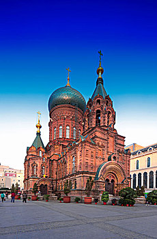 著名,哈尔滨,索菲亚,大教堂,蓝天,广场