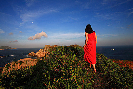 日出,观日,女孩,背影海岛,早晨,海风