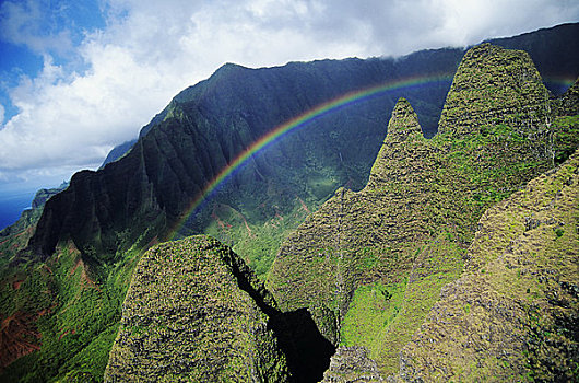 夏威夷,考艾岛,纳帕利海岸,彩虹,俯视,山峦
