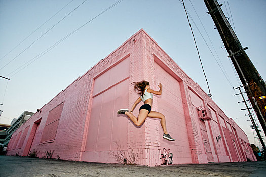 女性,运动员,跑,人行道,过去,粉色,建筑