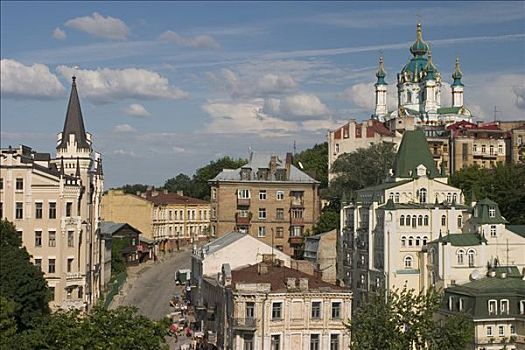 乌克兰,基辅,教堂,神圣,安德里亚,建造,木头,石头,建筑师,蓝天,云,阳光,风景,城堡,2004年