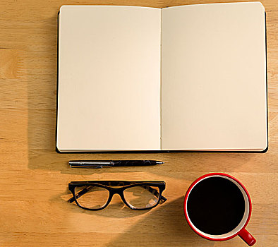 上方,笔记本,笔,眼镜,咖啡