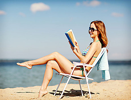 暑假,度假,女孩,读,书本,沙滩椅