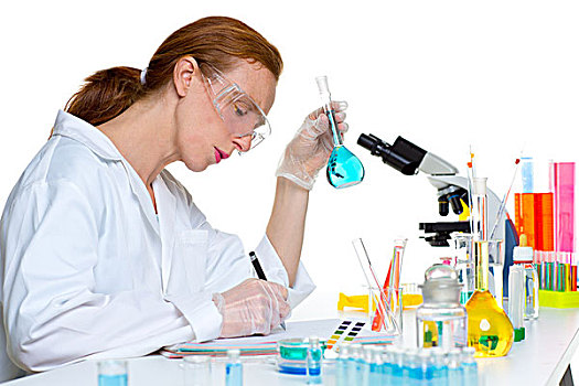 化学品,实验室,科学家,女人,眼镜,长颈瓶