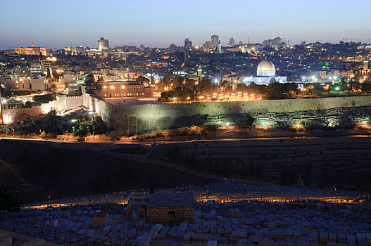 耶路撒冷,风景,橄榄,老城,黃昏,犹太,墓地,以色列