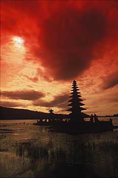 剪影,庙宇,湖,巴厘岛,印度尼西亚