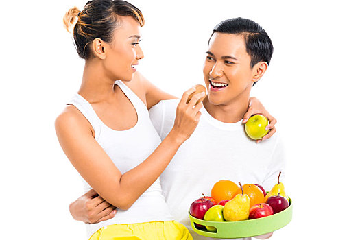 亚洲人,情侣,吃,水果,生活方式,健康