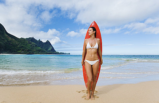 夏威夷,考艾岛,海耶纳,海滩,隧道,女人,站立,冲浪板
