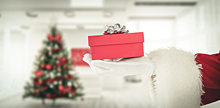 合成效果,图像,手,圣诞老人,拿着,礼物,家,圣诞树