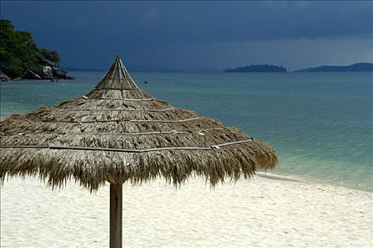 伞,白色,沙滩,蓝色海洋,海滩,柬埔寨