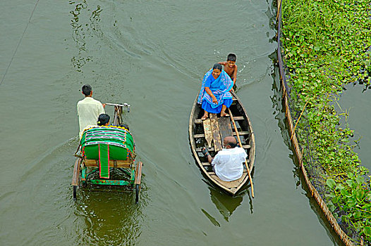 人力车,船,移动,一起,水,达卡,孟加拉,八月,2007年