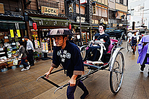 艺伎,人力车,热闹街道,日本,东京