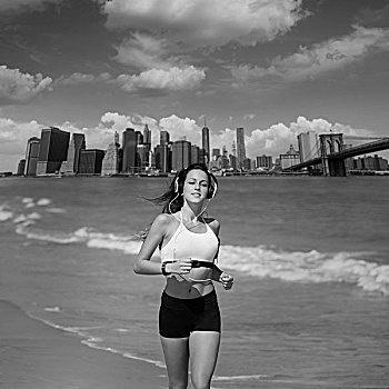 黑发,女孩,跑,纽约,布鲁克林大桥,照片