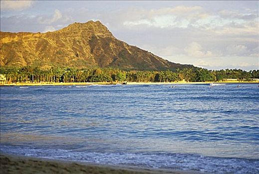 夏威夷,瓦胡岛,怀基基海滩,钻石海岬,温暖,下午,亮光