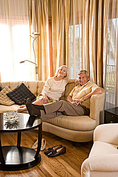 肖像,高兴,老年,夫妻,放松,沙发,在家