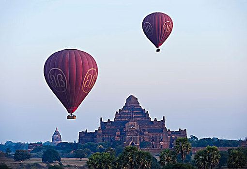 两个,热气球,日出,上方,蒲甘,缅甸,东南亚,亚洲
