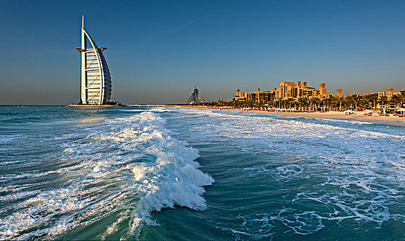 城市,迪拜,阿联酋,帆船酒店,摩天大楼,海岸线,波斯湾,远景