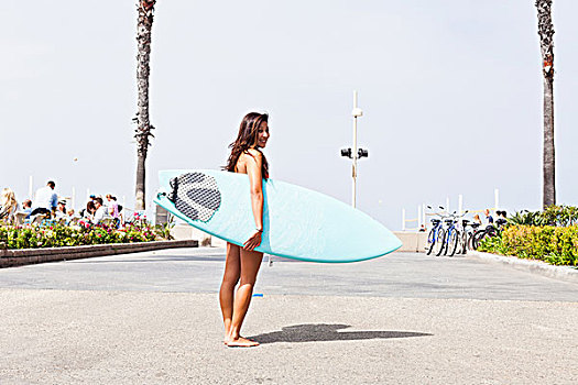 女人,冲浪板,海滩,加利福尼亚,美国