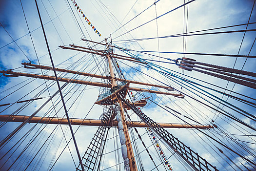特写,帆船,索具,桅杆,传统,大,木质,船
