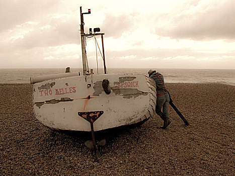 女人,帽子,方格,毯子,肩部,休息,船体,船,海滩,英国,2009年